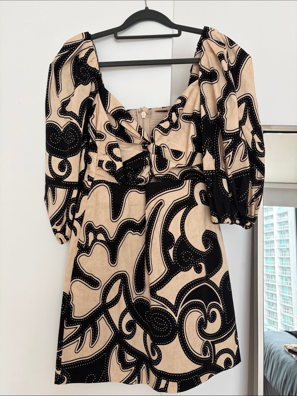 Alexis Beige and Black Swirl Puff-Sleeve Mini Dress